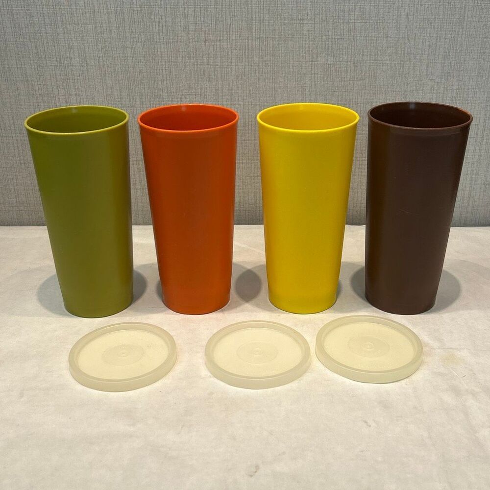 Vtg Tupperware Tumblers WITH SEALS Lot Set Harvest Gold Orange Brown Green Lids